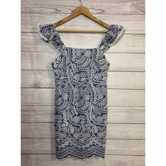 Alice + Olivia 'Honor' Embroidered-Eyelet Cotton Mini-Dress, Chambray  SIZE 4 - Picture 1 of 10